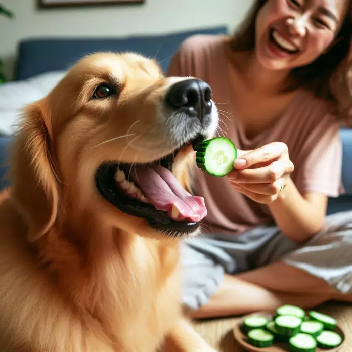 Hundehalter füttert seinen Hund mit einer Gurke
